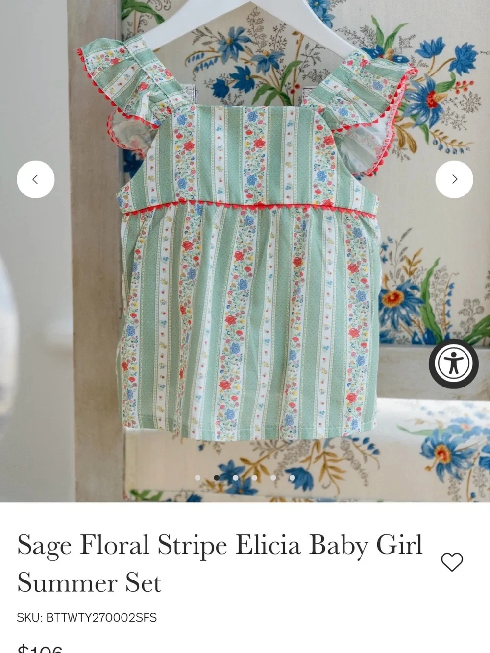 La Coqueta Sage Floral Stripe Elicia Baby Girl Summer Set 18M Green Red White
